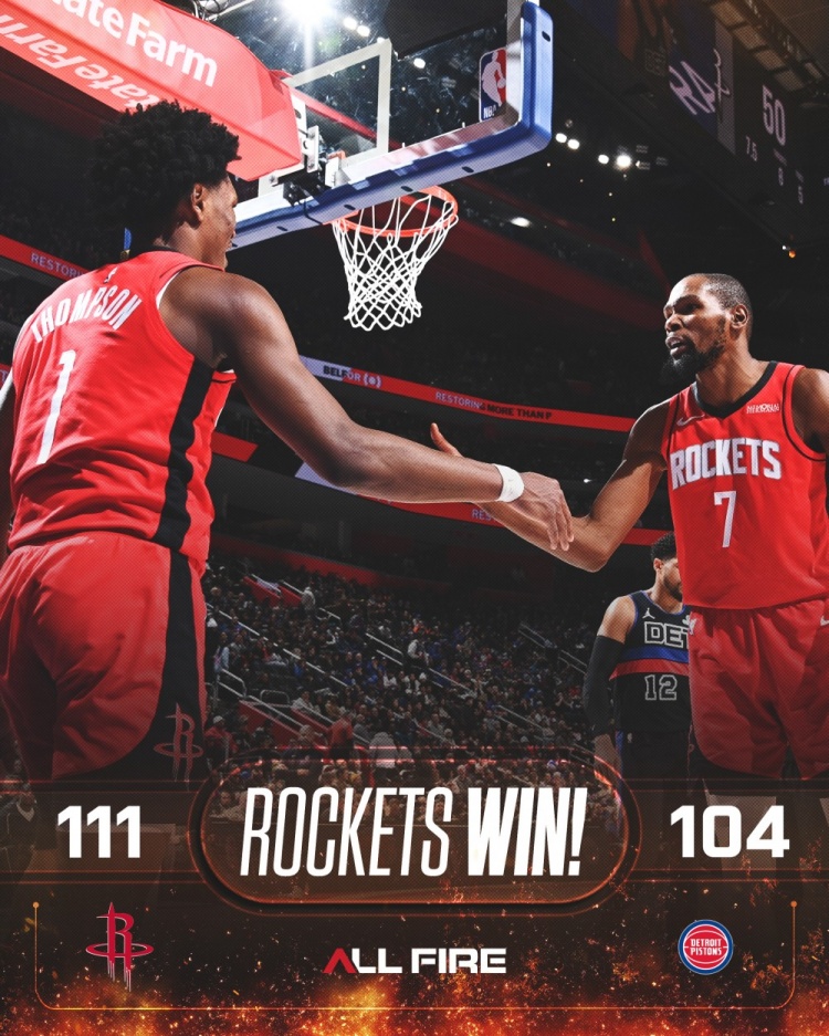 手机看球-正负值最高二人组！火箭赢球海报：封面为杜兰特+阿门击掌瞬间